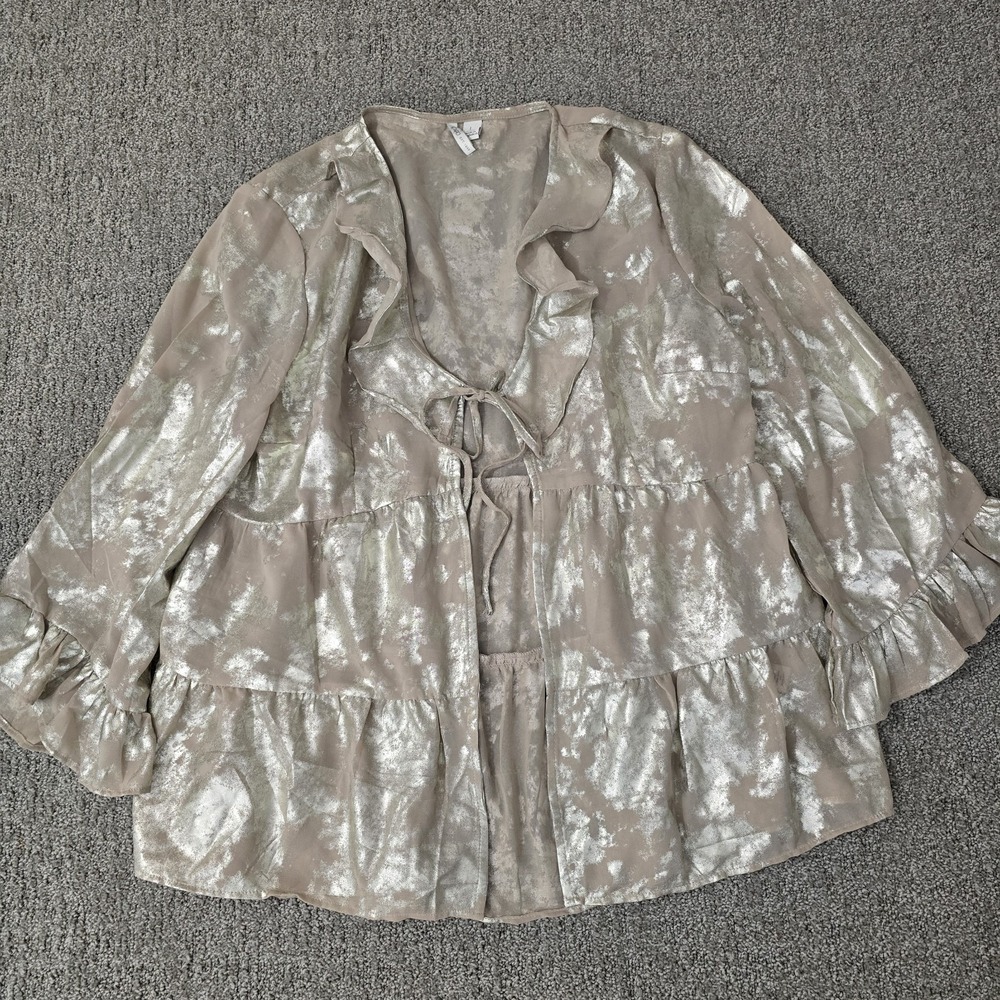 Boho Fairycore‎ Metallic Peplum Blouse Tiered Ruffle Indie Festival Top L